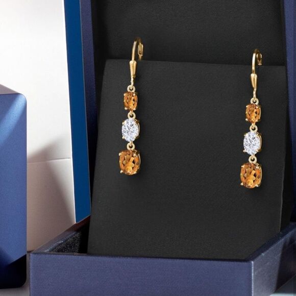 18K Yellow Gold with 4.80 Cttw 3 Stone Madeira Citrine and Moissanite Earrings - Picture 4 of 5